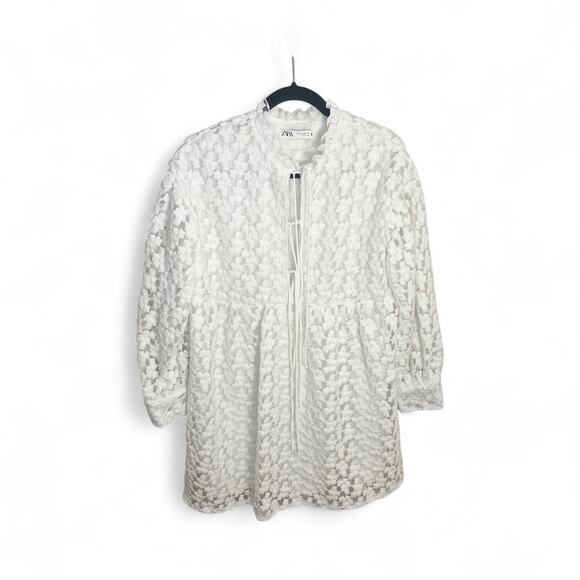 Zara Textured Weave Mini Viral White Dress Size Medium Boho Floral - Picture 3 of 13